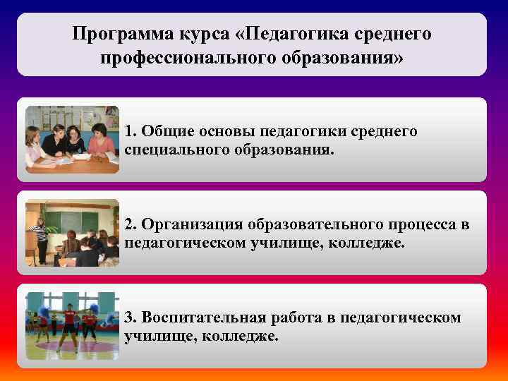 Программа курса «Педагогика среднего профессионального образования» 1. Общие основы педагогики среднего специального образования. 2.