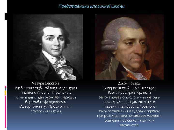 Представники класичної школи Чезаре Беккаріа (15 березня 1738— 28 листопада 1794) Італійський юрист і