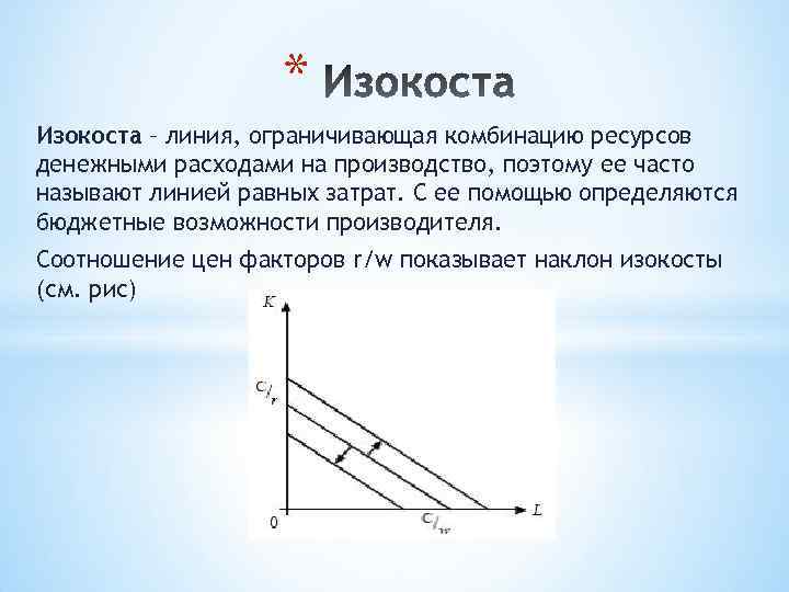 * Изокоста – линия, ограничивающая комбинацию ресурсов денежными расходами на производство, поэтому ее часто