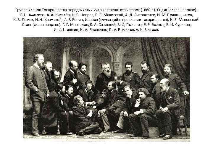 Группа членов Товарищества передвижных художественных выставок (1886 г. ). Сидят (слева направо): С. Н.