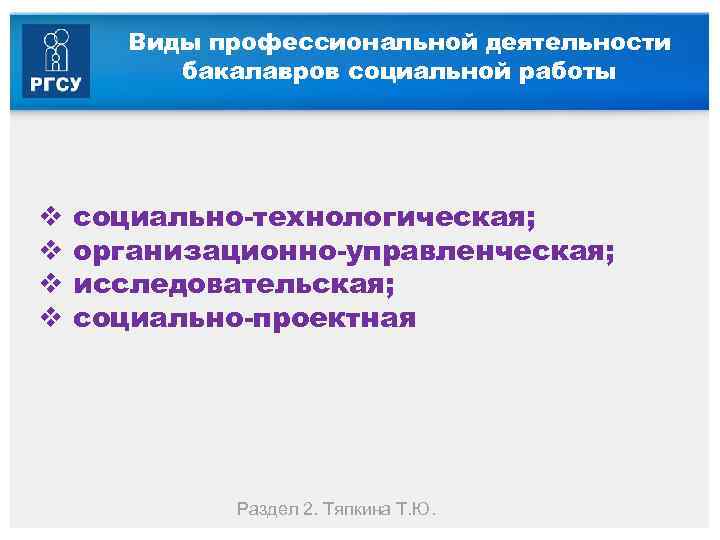 Виды профессиональной деятельности бакалавров социальной работы v v социально технологическая; организационно управленческая; исследовательская; социально