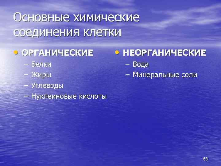 Основные химические соединения клетки • ОРГАНИЧЕСКИЕ – – Белки Жиры Углеводы Нуклеиновые кислоты •