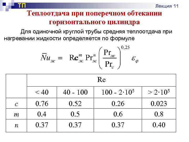 ТП Лекция 11 Теплоотдача при поперечном обтекании горизонтального цилиндра Для одиночной круглой трубы средняя