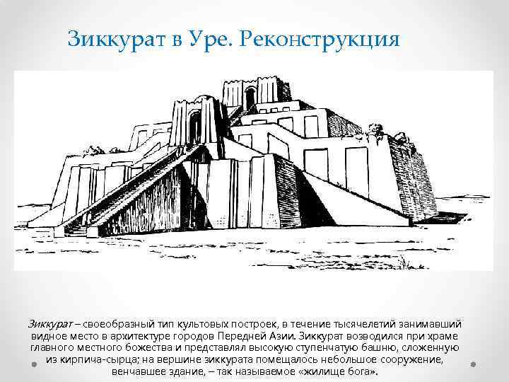 Зиккурат в Уре. Реконструкция Зиккурат – своеобразный тип культовых построек, в течение тысячелетий занимавший