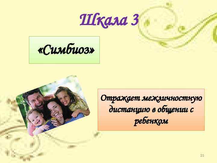 Шкала 3 «Симбиоз» Отражает межличностную дистанцию в общении с ребенком 21 