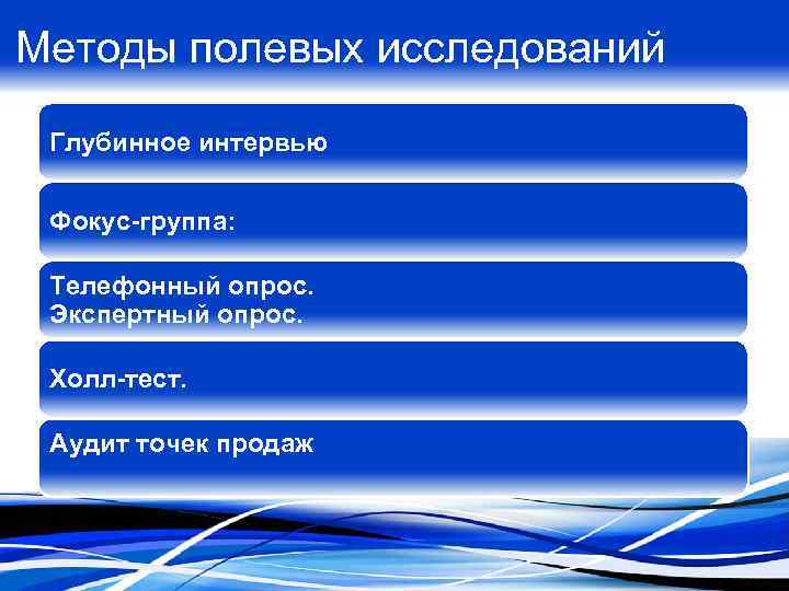 Методы полевых исследований Глубинное интервью Фокус-группа: Телефонный опрос. Экспертный опрос. Холл-тест. Аудит точек продаж