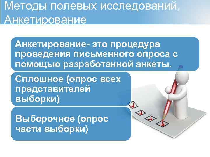 Методы полевых исследований, Анкетирование- это процедура проведения письменного опроса с помощью разработанной анкеты. Сплошное