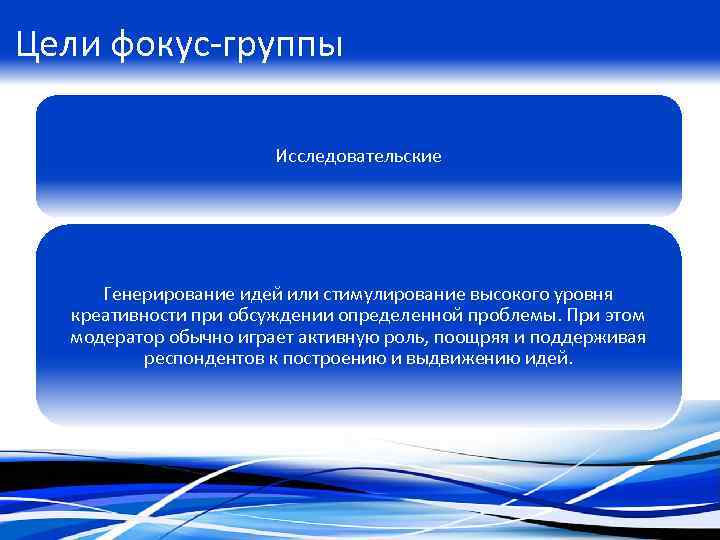 Цели фокус-группы Исследовательские Генерирование идей или стимулирование высокого уровня креативности при обсуждении определенной проблемы.