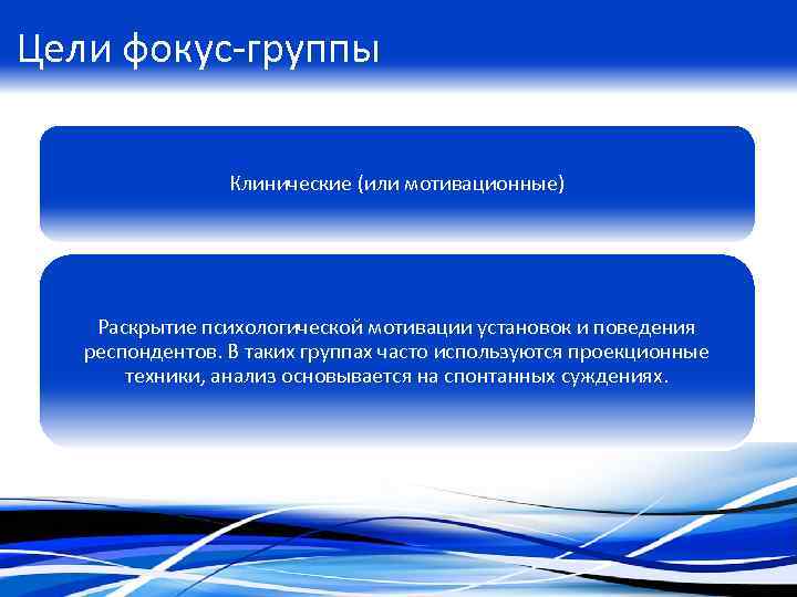 Цели фокус-группы Клинические (или мотивационные) Раскрытие психологической мотивации установок и поведения респондентов. В таких