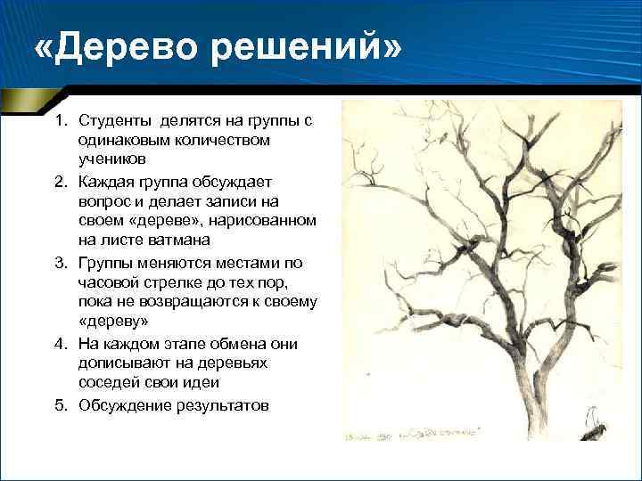  «Дерево решений» 1. Студенты делятся на группы с одинаковым количеством учеников 2. Каждая