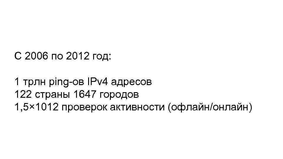 С 2006 по 2012 год: 1 трлн ping-ов IPv 4 адресов 122 страны 1647