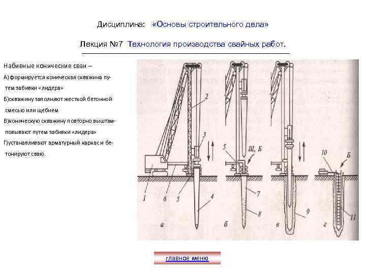 Дисциплина: «Основы строительного дела» Лекция № 7 Технология производства свайных работ. Набивные конические сваи