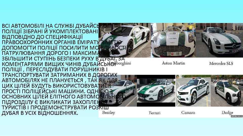 ВСІ АВТОМОБІЛІ НА СЛУЖБІ ДУБАЙСЬКОЇ ПОЛІЦІЇ ЗІБРАНІ Й УКОМПЛЕКТОВАНІ ВІДПОВІДНО ДО СПЕЦИФІКАЦІЇ ПРАВООХОРОННИХ ОРГАНІВ