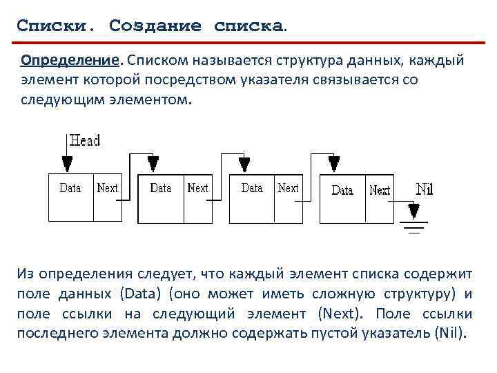 Списки. Создание списка. Определение. Списком называется структура данных, каждый элемент которой посредством указателя связывается