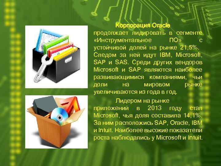 Корпорация Oracle продолжает лидировать в сегменте «Инструментальное ПО» с устойчивой долей на рынке 21,