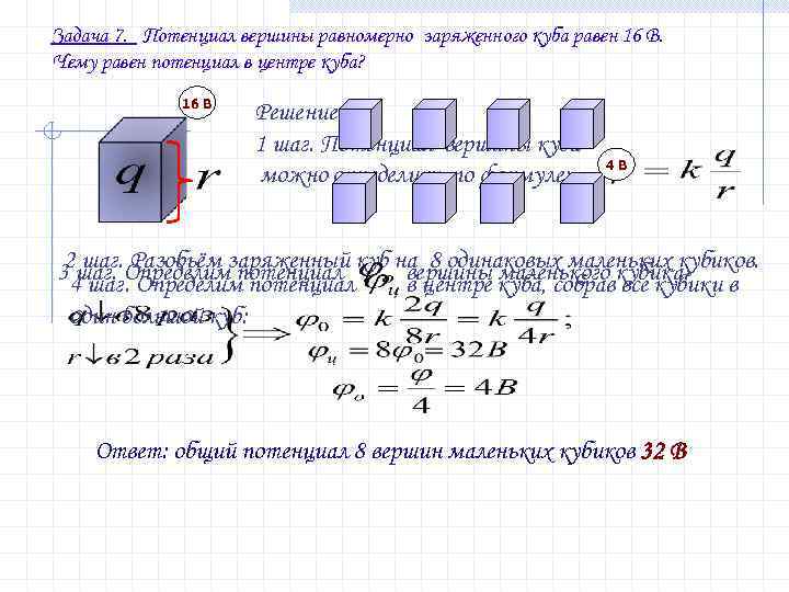 Задача 7. Потенциал вершины равномерно заряженного куба равен 16 В. Чему равен потенциал в