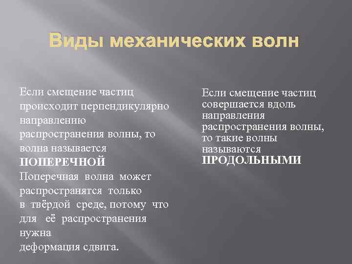 Виды механических волн Если смещение частиц происходит перпендикулярно направлению распространения волны, то волна называется