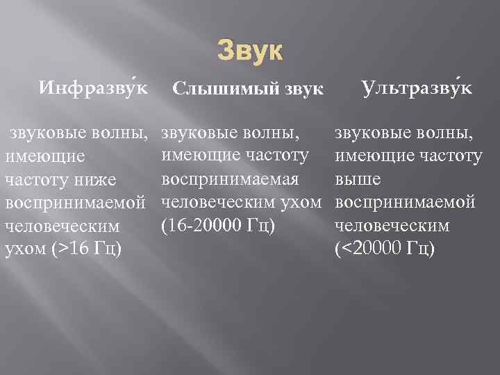 Звук Инфразву к Слышимый звуковые волны, имеющие частоту ниже воспринимаемой человеческим ухом (>16 Гц)