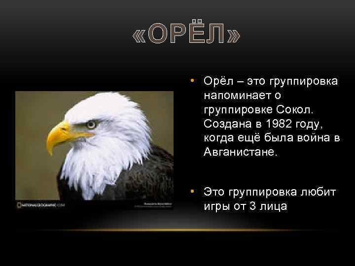  «ОРЁЛ» • Орёл – это группировка напоминает о группировке Сокол. Создана в 1982