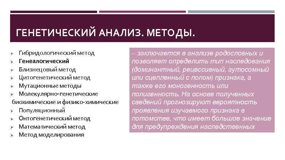 ГЕНЕТИЧЕСКИЙ АНАЛИЗ. МЕТОДЫ. Гибридологический метод Ø Генеалогический Ø Близнецовый метод Ø Цитогенетический метод Ø