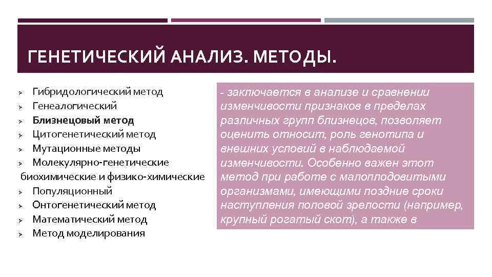 ГЕНЕТИЧЕСКИЙ АНАЛИЗ. МЕТОДЫ. Гибридологический метод Ø Генеалогический Ø Близнецовый метод Ø Цитогенетический метод Ø