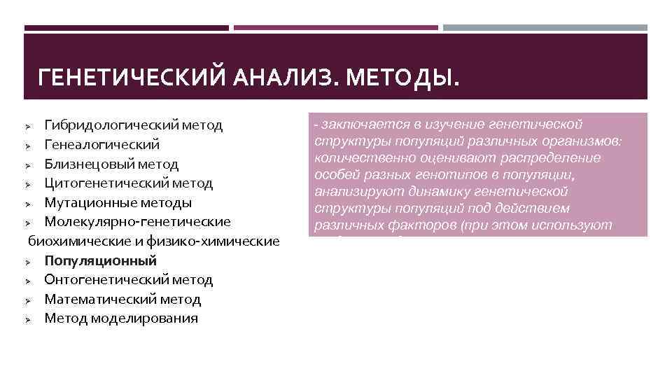 ГЕНЕТИЧЕСКИЙ АНАЛИЗ. МЕТОДЫ. Гибридологический метод Ø Генеалогический Ø Близнецовый метод Ø Цитогенетический метод Ø