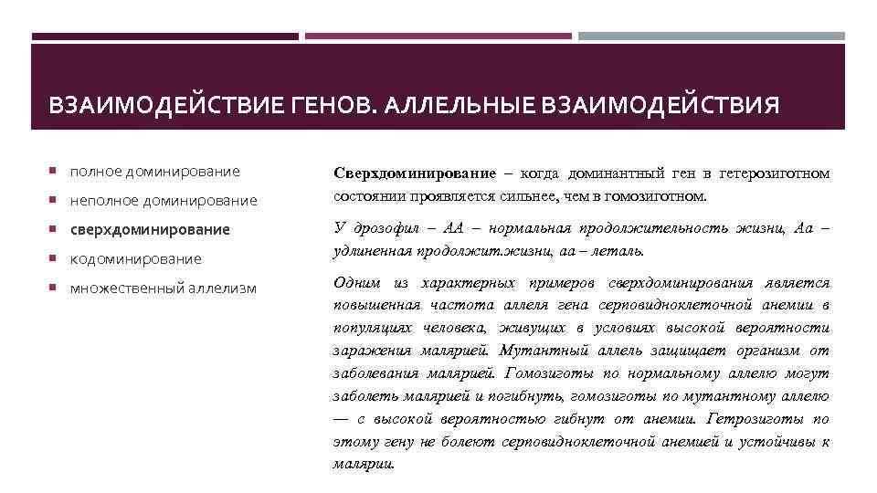 ВЗАИМОДЕЙСТВИЕ ГЕНОВ. АЛЛЕЛЬНЫЕ ВЗАИМОДЕЙСТВИЯ полное доминирование неполное доминирование сверхдоминирование кодоминирование множественный аллелизм Сверхдоминирование –