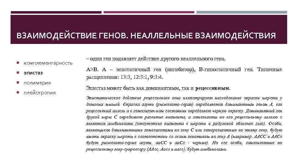 ВЗАИМОДЕЙСТВИЕ ГЕНОВ. НЕАЛЛЕЛЬНЫЕ ВЗАИМОДЕЙСТВИЯ комплементарность эпистаз полимерия плейотропия – один ген подавляет действие другого