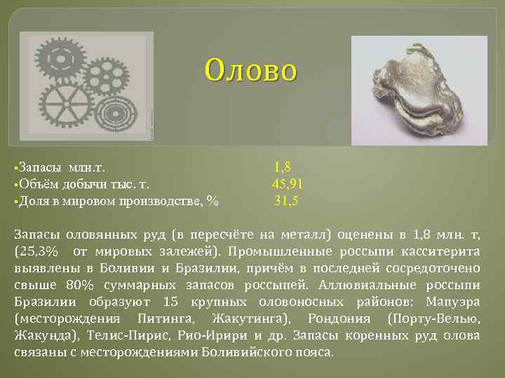 Олово §Запасы млн. т. 1, 8 §Объём добычи тыс. т. 45, 91 §Доля в