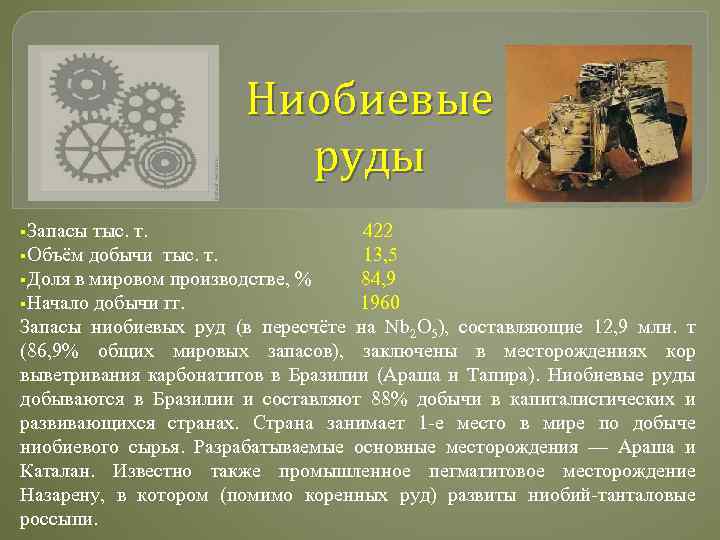 Ниобиевые руды §Запасы тыс. т. 422 §Объём добычи тыс. т. 13, 5 §Доля в