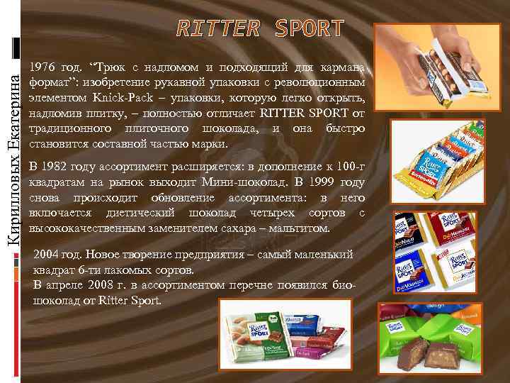 Кирилловых Екатерина RITTER SPORT 1976 год. “Трюк с надломом и подходящий для кармана формат”: