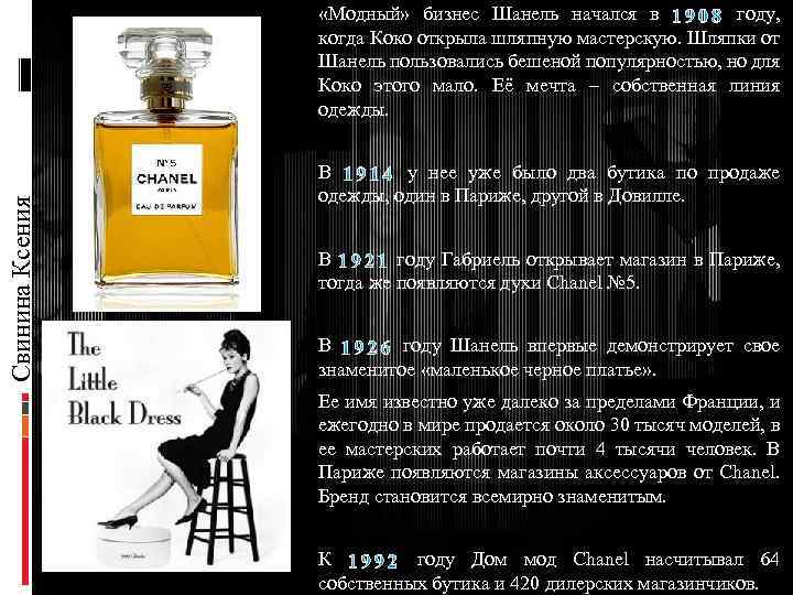 Свинина Ксения «Модный» бизнес Шанель начался в году, когда Коко открыла шляпную мастерскую. Шляпки