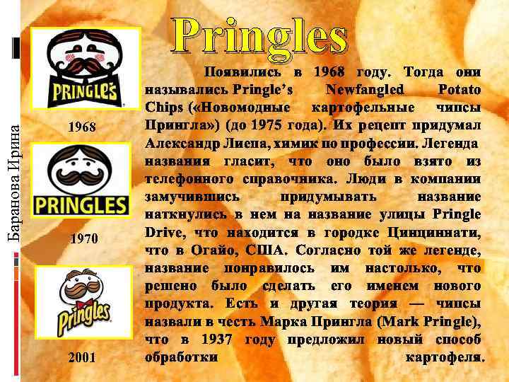 Баранова Ирина Pringles 1968 1970 2001 Появились в 1968 году. Тогда они назывались Pringle’s