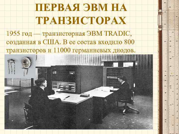 ПЕРВАЯ ЭВМ НА ТРАНЗИСТОРАХ 1955 год — транзисторная ЭВМ TRADIC, созданная в США. В