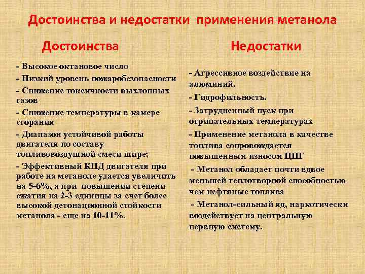 Достоинства и недостатки применения метанола Достоинства - Высокое октановое число - Низкий уровень пожаробезопасности