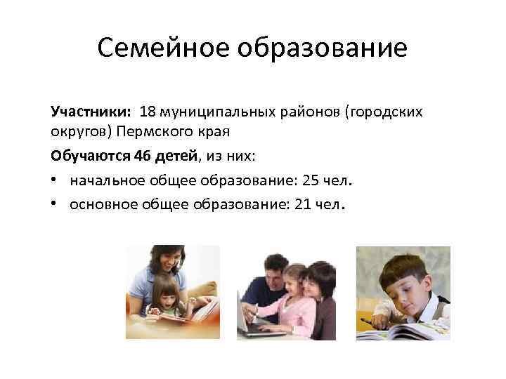 Семейное образование Участники: 18 муниципальных районов (городских округов) Пермского края Обучаются 46 детей, из