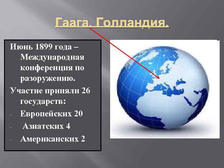 Гаага. Голландия. Июнь 1899 года – Международная конференция по разоружению. Участие приняли 26 государств: