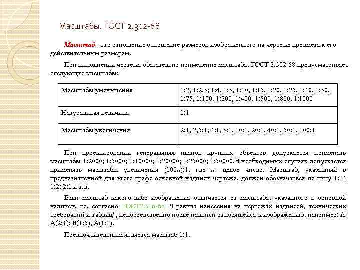 Масштабы. ГОСТ 2. 302 -68 Масштаб - это отношение размеров изображенного на чертеже предмета