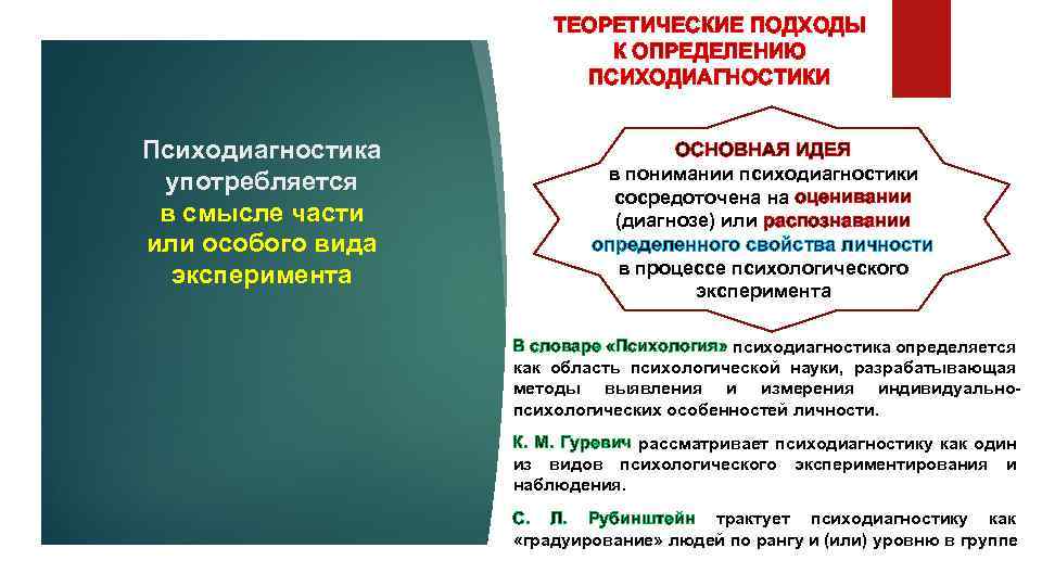 ТЕОРЕТИЧЕСКИЕ ПОДХОДЫ К ОПРЕДЕЛЕНИЮ ПСИХОДИАГНОСТИКИ Психодиагностика употребляется в смысле части или особого вида эксперимента