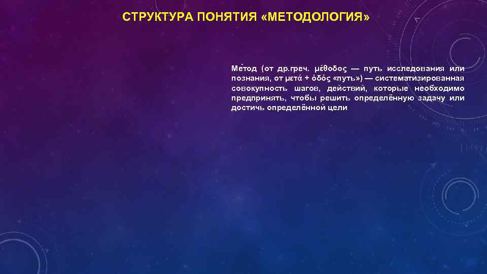 СТРУКТУРА ПОНЯТИЯ «МЕТОДОЛОГИЯ» Ме тод (от др. греч. μέθοδος — путь исследования или познания,