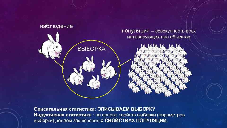 наблюдение популяция – совокупность всех интересующих нас объектов ВЫБОРКА Описательная статистика: ОПИСЫВАЕМ ВЫБОРКУ Индуктивная