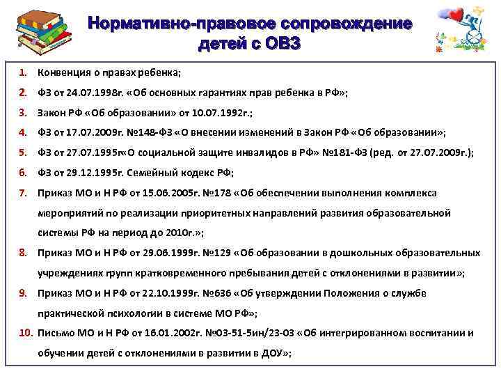 Нормативно-правовое сопровождение детей с ОВЗ 1. Конвенция о правах ребенка; 2. ФЗ от 24.