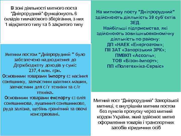 В зоні діяльності митного поста “Дніпрорудний” функціонують 6 складів тимчасового зберігання, з них 1