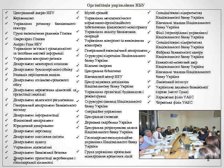 Організація управління НБУ ü ü ü ü ü ü Центральний апарат НБУ ü Керівництво