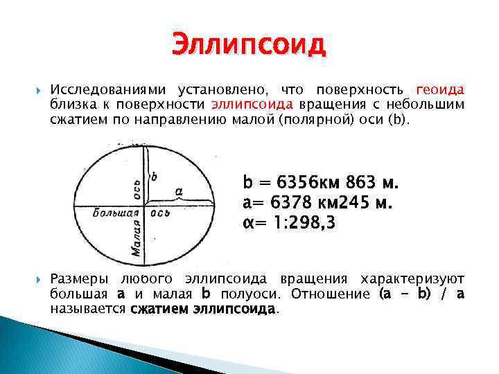 Эллипсоид Исследованиями установлено, что поверхность геоида близка к поверхности эллипсоида вращения с небольшим сжатием