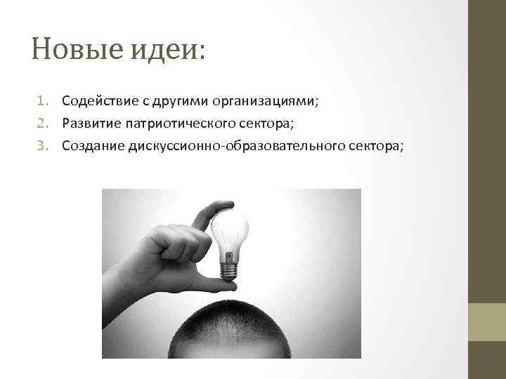 Новые идеи: 1. Содействие с другими организациями; 2. Развитие патриотического сектора; 3. Создание дискуссионно-образовательного