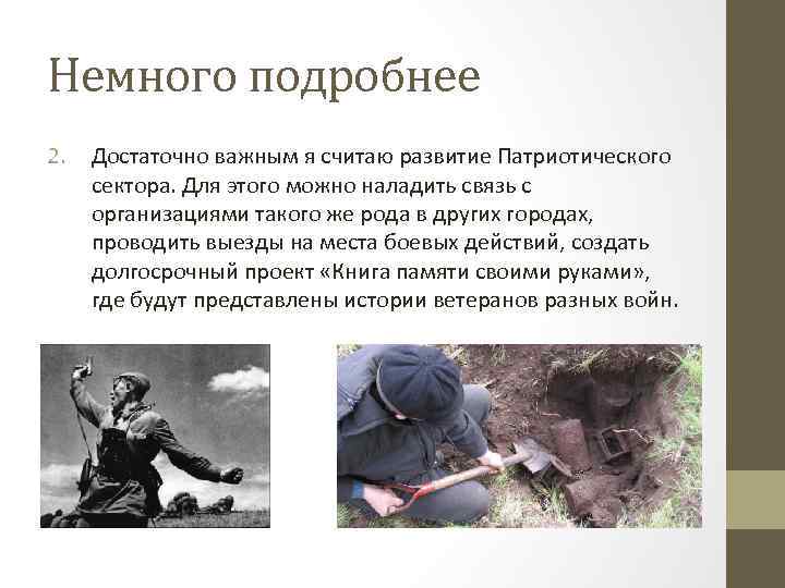 Немного подробнее 2. Достаточно важным я считаю развитие Патриотического сектора. Для этого можно наладить