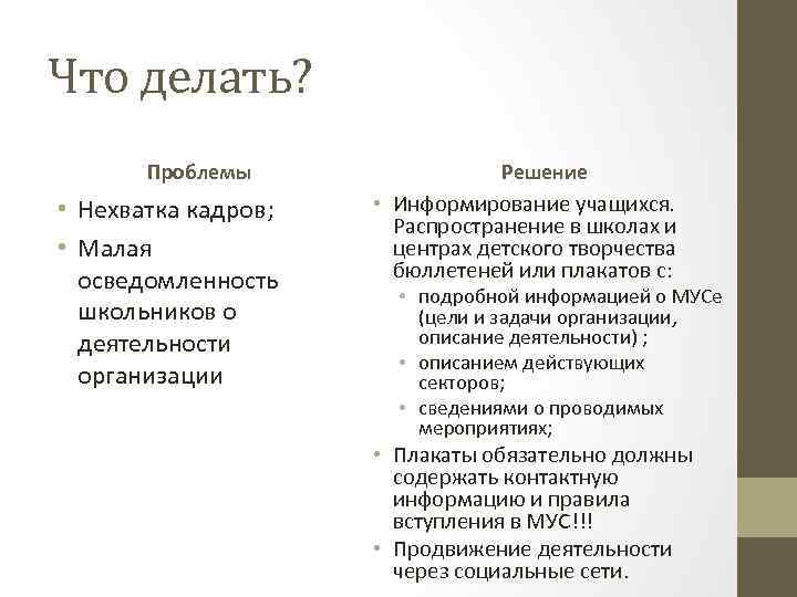 Что делать? Проблемы • Нехватка кадров; • Малая осведомленность школьников о деятельности организации Решение