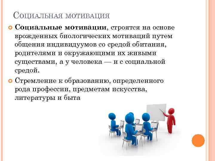 СОЦИАЛЬНАЯ МОТИВАЦИЯ Социальные мотивации, строятся на основе врожденных биологических мотиваций путем общения индивидуумов со