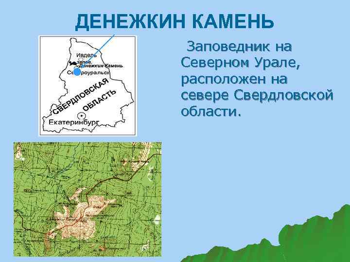 ДЕНЕЖКИН КАМЕНЬ Заповедник на Северном Урале, расположен на севере Свердловской области. 